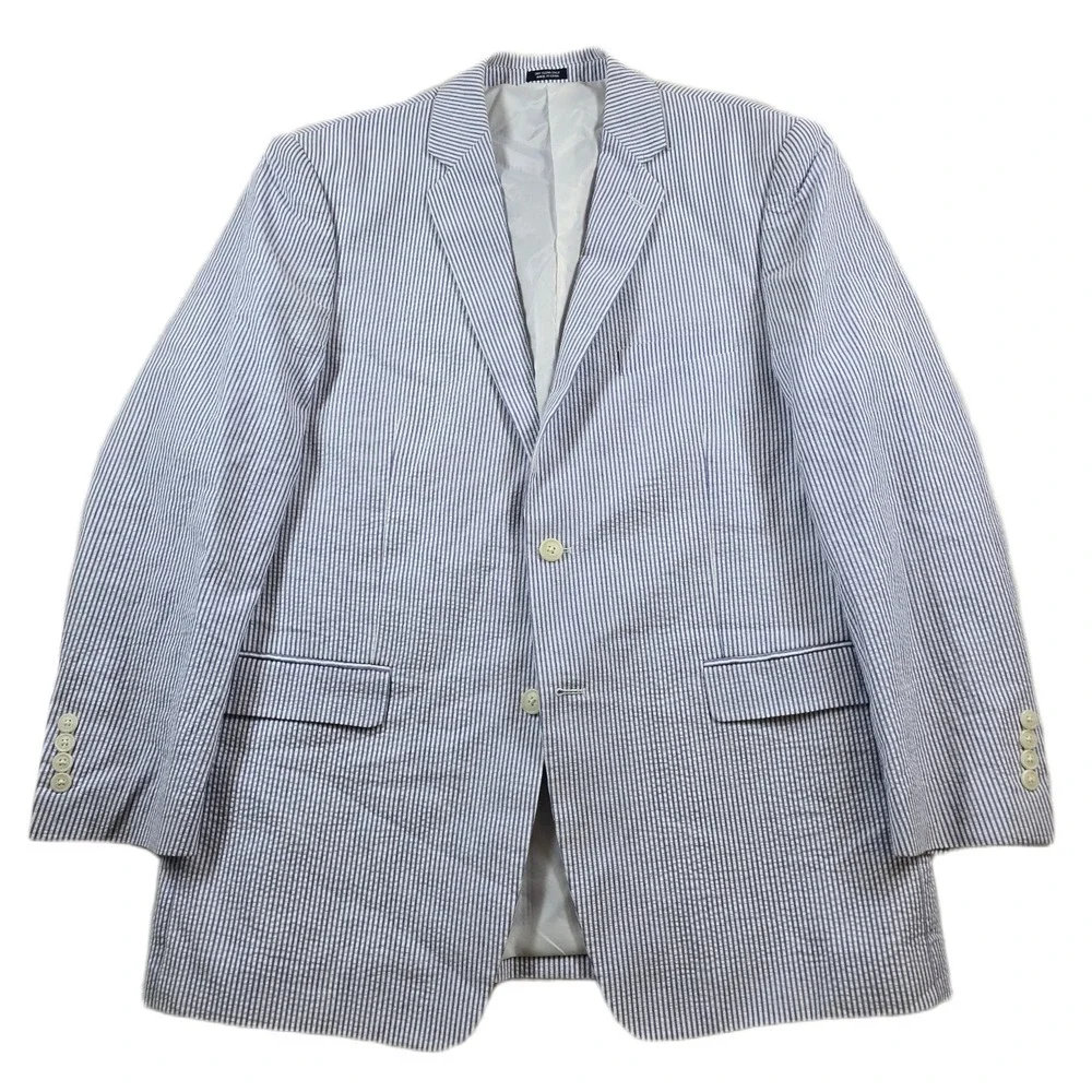 Saddlebred Seersucker Blazer Men 44R Blue White Striped Cotton Sport Coat Jacket